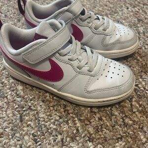 Nike Kids White Sneakers with Pink Swoosh and Hook-and-Loop Strap